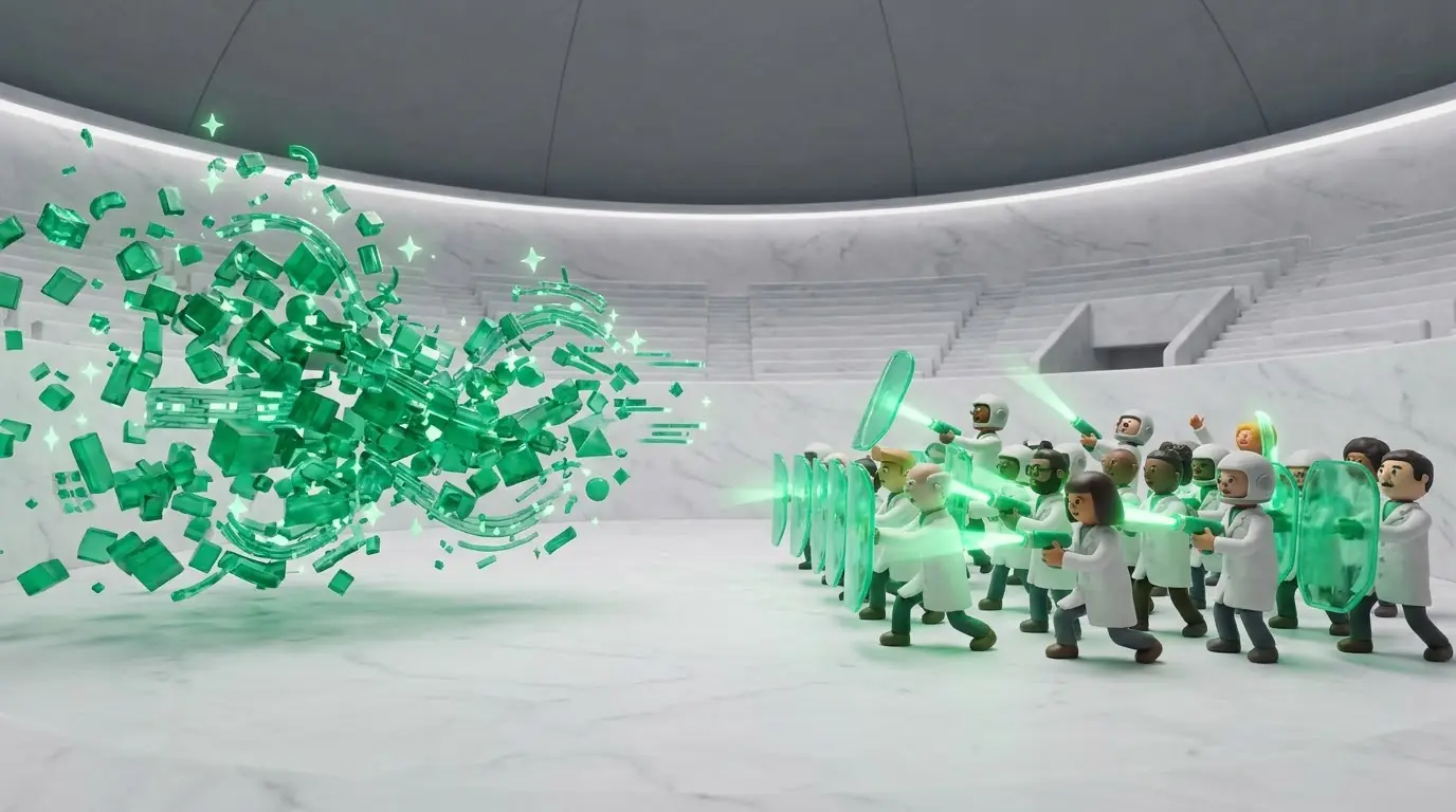 A swarm of green shards streaming across an arena toward a crowd of figures